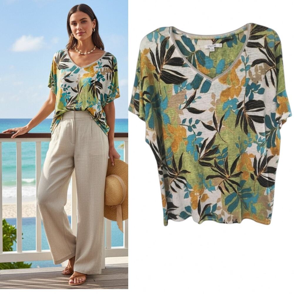 Chico's Linen Knit Tee XL Tropical Print Short Sleeve Metallic V-Neck Tropical - Picture 13 of 13